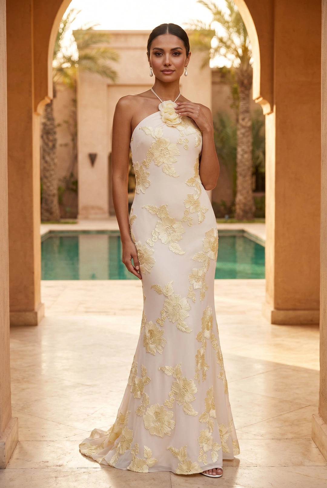 Rochie Lungă Mirage Croială tip Sirenă Ivory cu Broderie Florală purtată, rochie de seară pentru evenimente