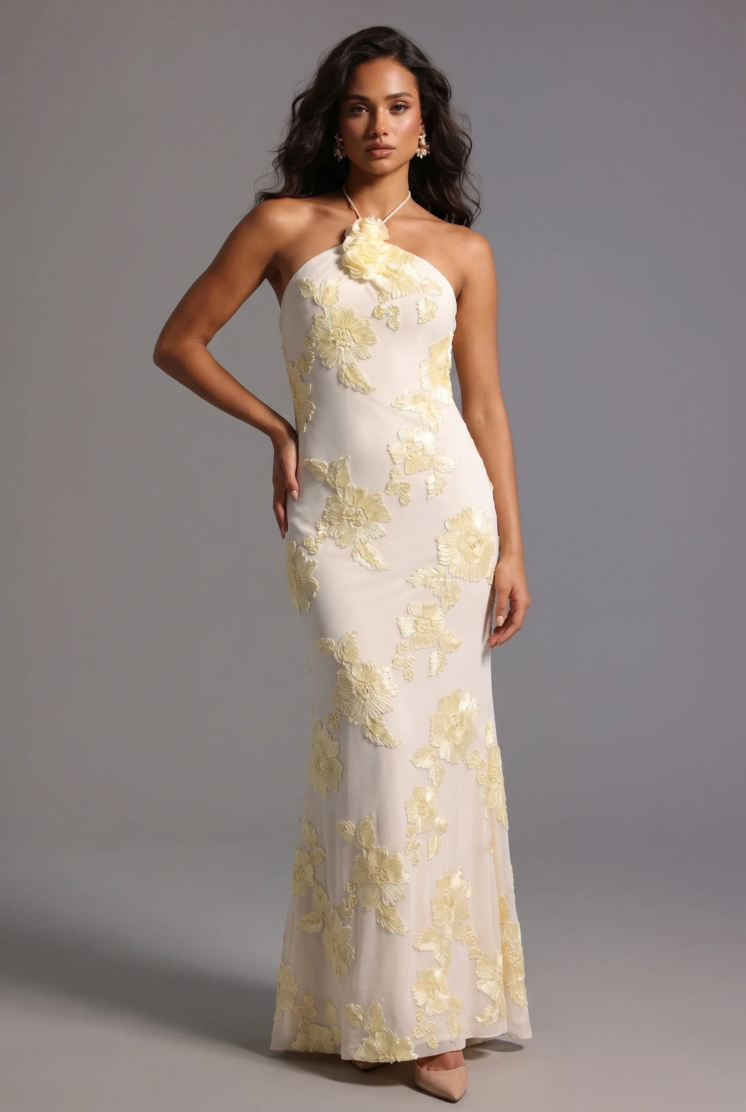 Rochie Lungă Mirage Croială tip Sirenă Ivory cu Broderie Florală – vedere din față