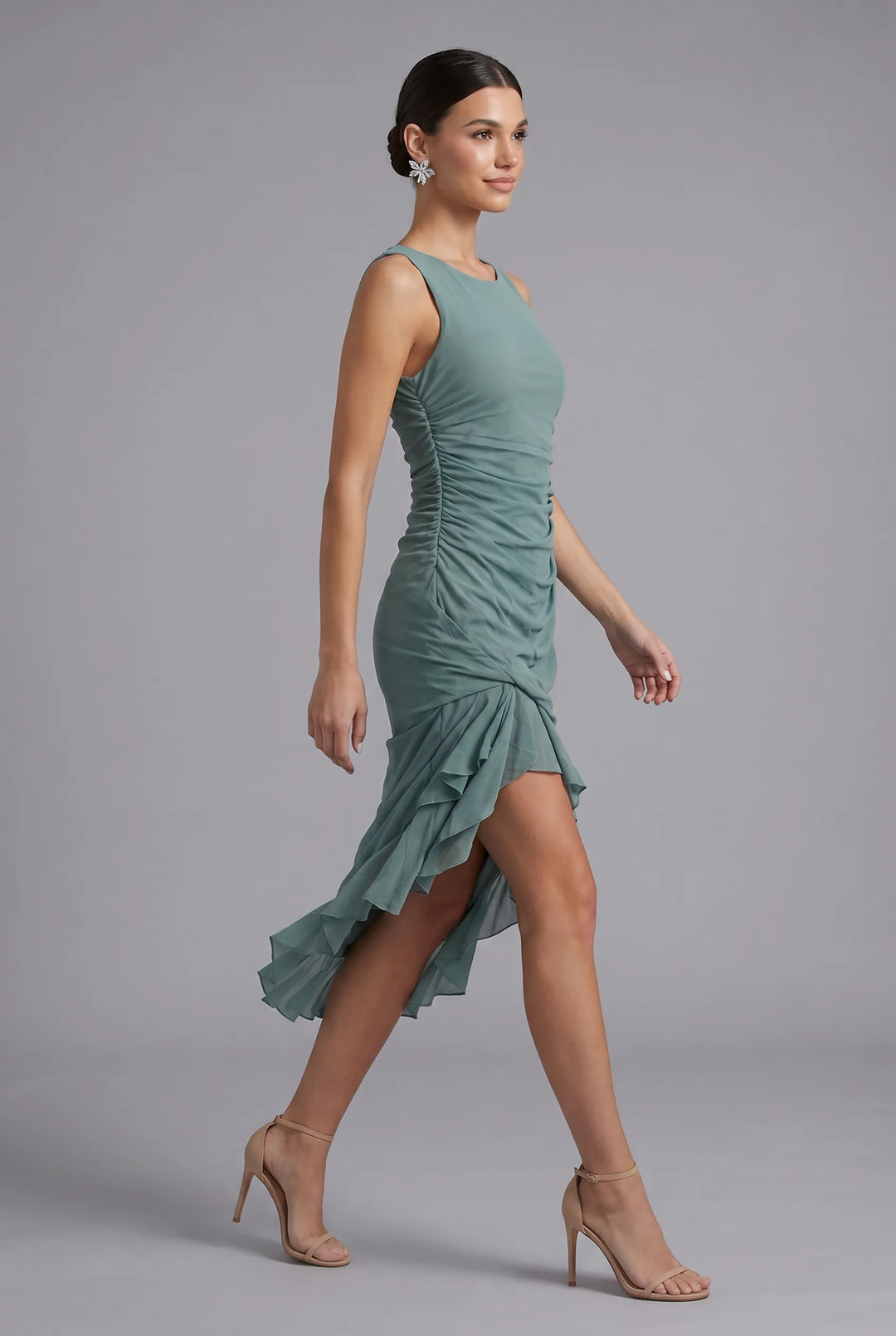 Rochie Midi Paris Elegantă Verde Salvie – vedere din profil