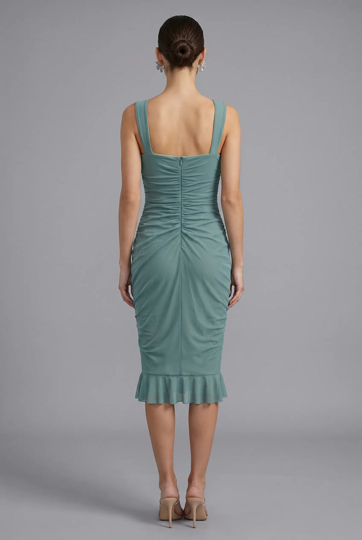 Rochie Midi Paris Elegantă Verde Salvie – detaliu bretele late și fermoar ascuns la spate